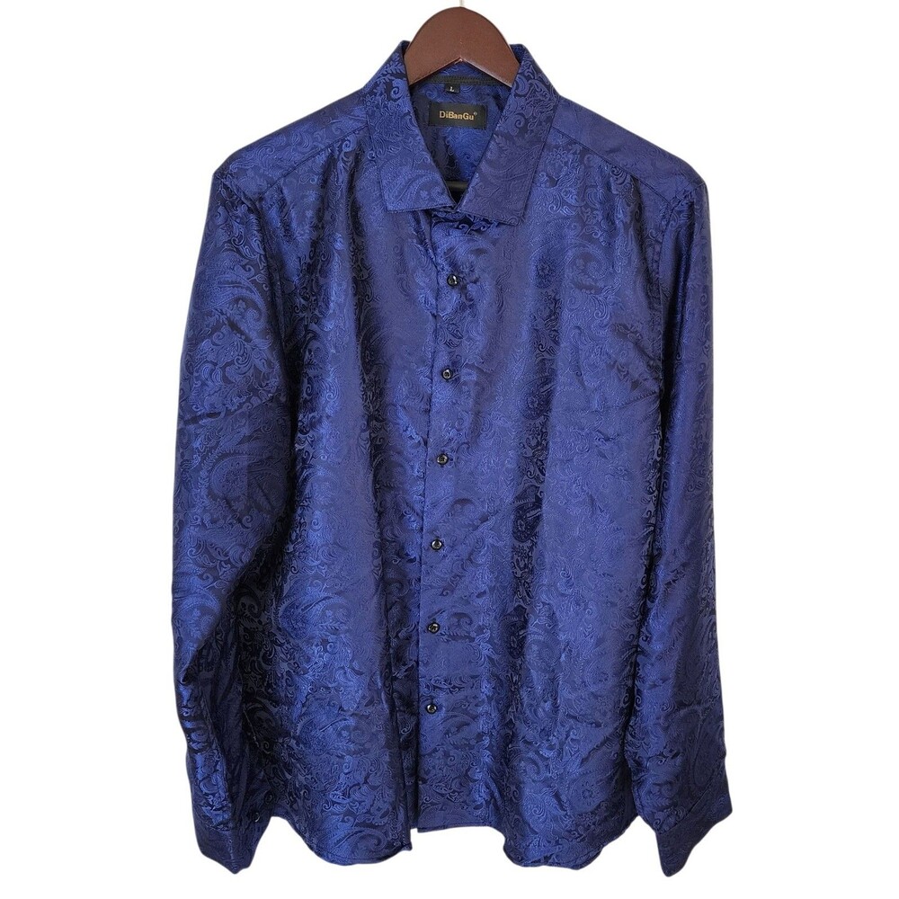 DiBanGu Men’s Dress Club Shirt L Blue Paisley Jacquard Silk Blend Long Sleeve